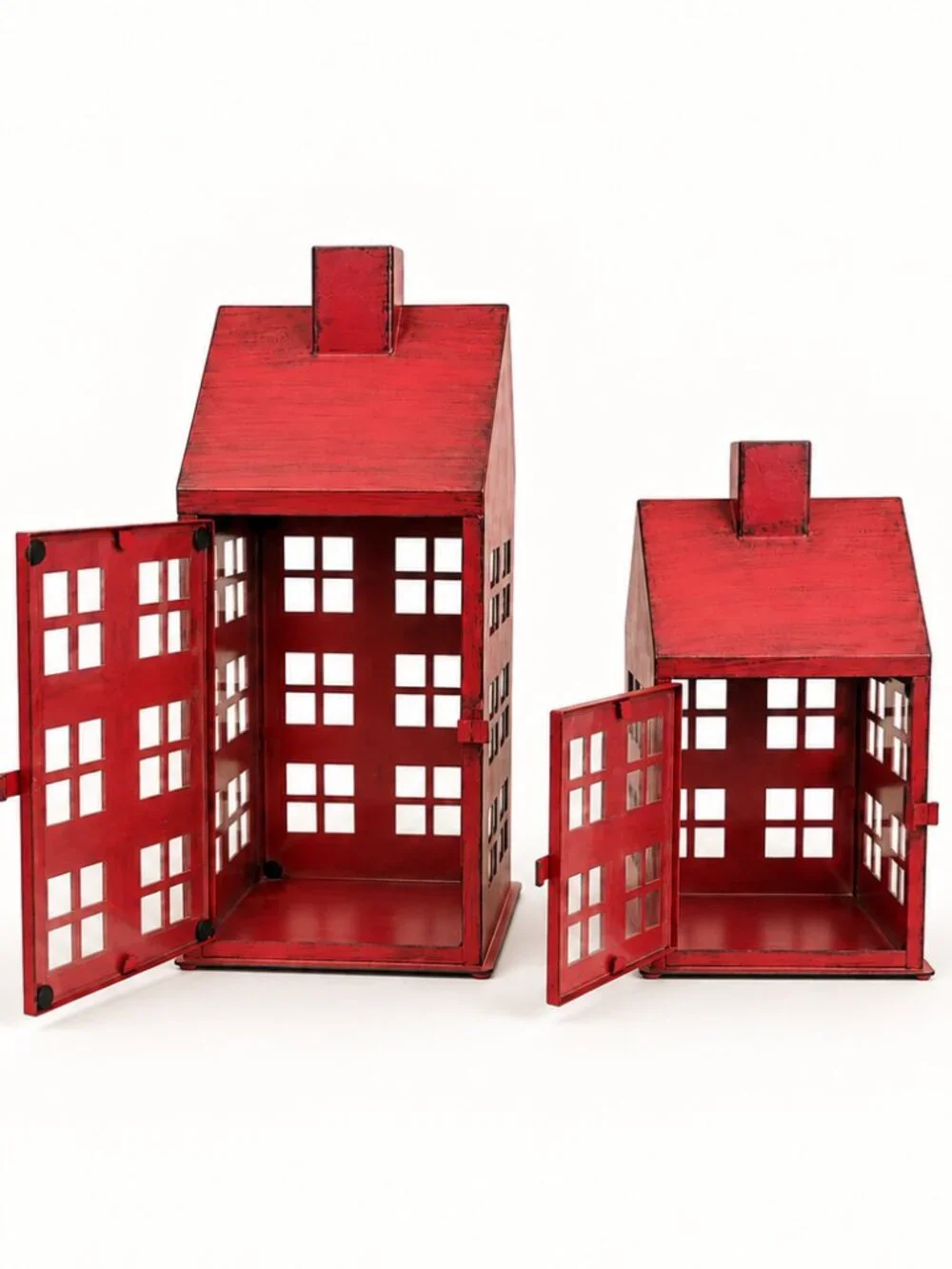 Set of 2 Red Metal House Lanterns Rustic Farmhouse Candle Holders Holiday Decor